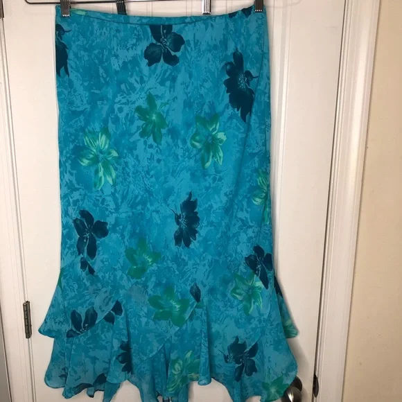 VINTAGE Y2K Fairy Floral Hawaii Tropical Ruffle Midi Skirt Blue and Green XL - Picture 8 of 11